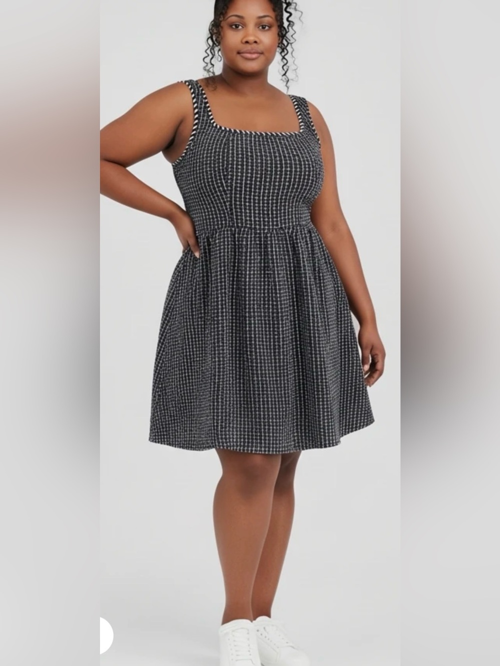 Cider Tweed Square Neckline Mini Babydoll Dress Black & White & Gold Size 1XL